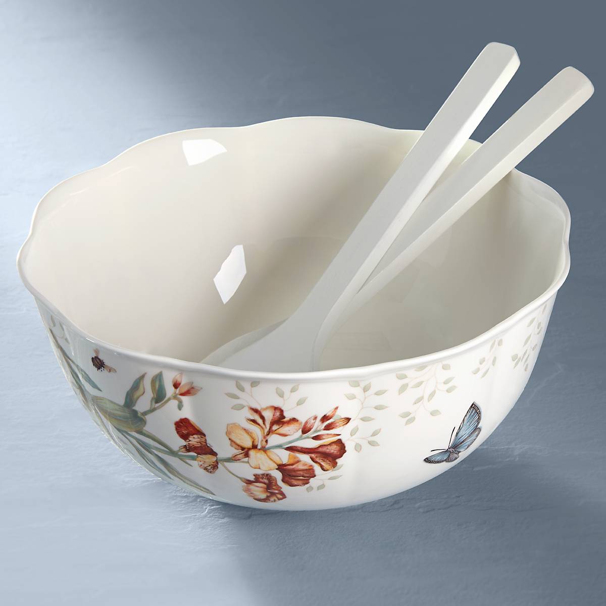 Floral Salad Bowl with Wood Servers - Image 4