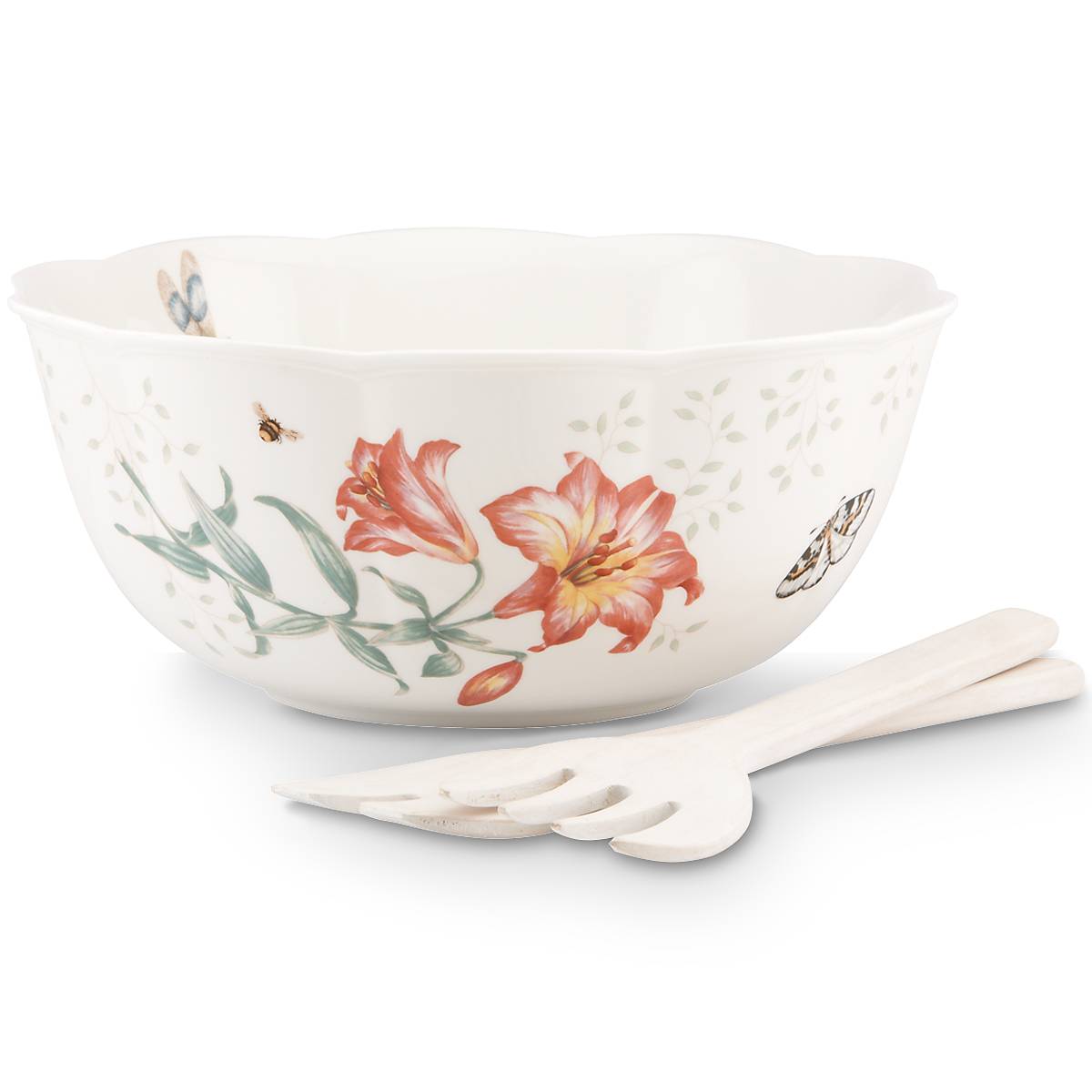 Floral Salad Bowl with Wood Servers - Image 3