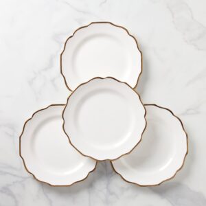 White Scalloped Dinner Plates with Gold Rim, Set of 4