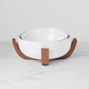 White Nesting Bowl Set with Wood Stand, 3-Piece
